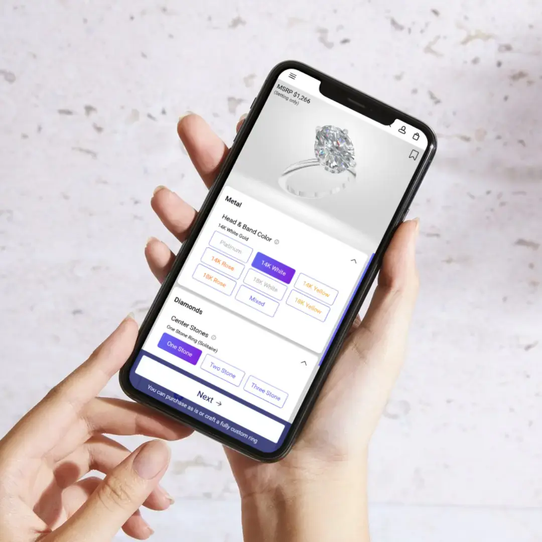 Giganti & Giganti ring builder — choose your setting, diamond, and metal step by step on your phone