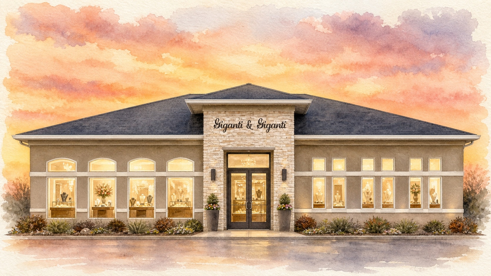 Watercolor illustration of the Giganti & Giganti showroom on Robbins Road at sunset