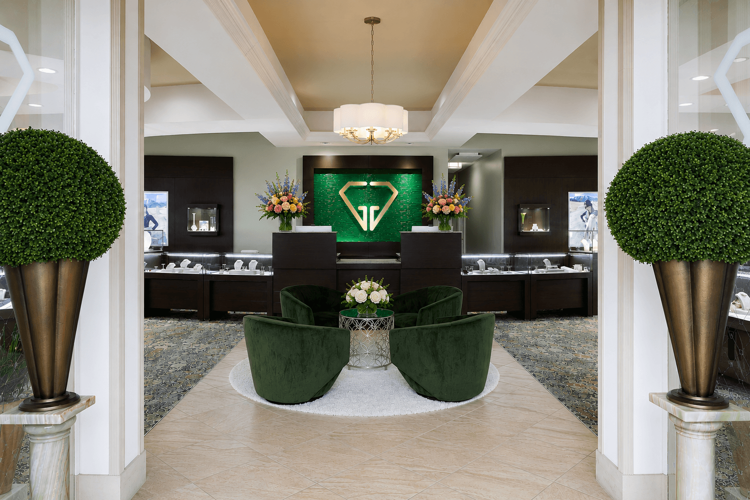 Inside the Giganti & Giganti showroom: symmetrical entryway with green velvet chairs and the GG diamond mark on the back wall