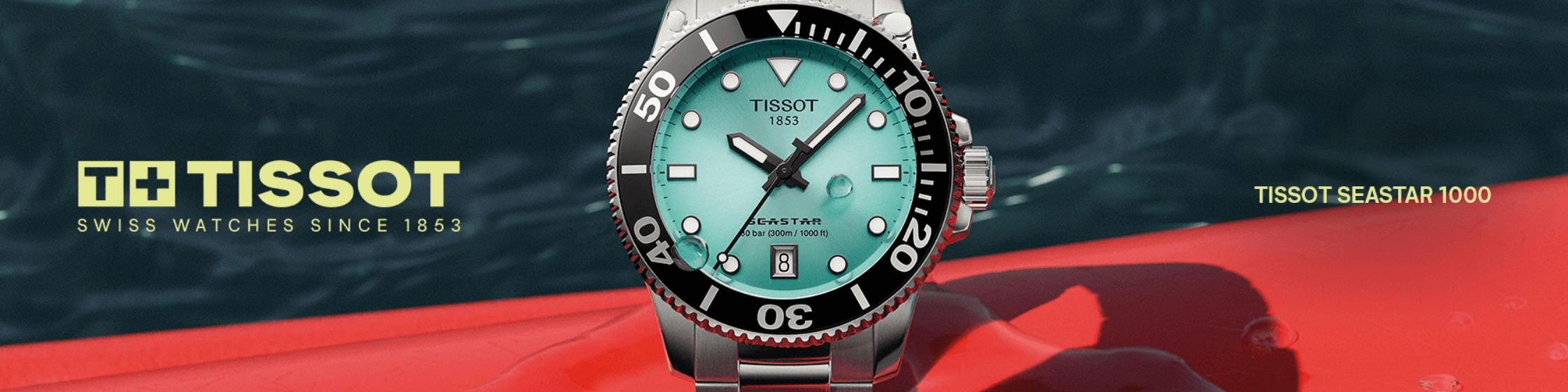 Tissot Seastar 1000 with a turquoise dial and steel bracelet, beside the Tissot logo and the words Swiss watches since 1853