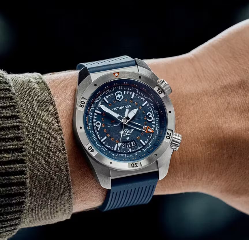 Victorinox Swiss Army automatic dive watch on a blue rubber strap