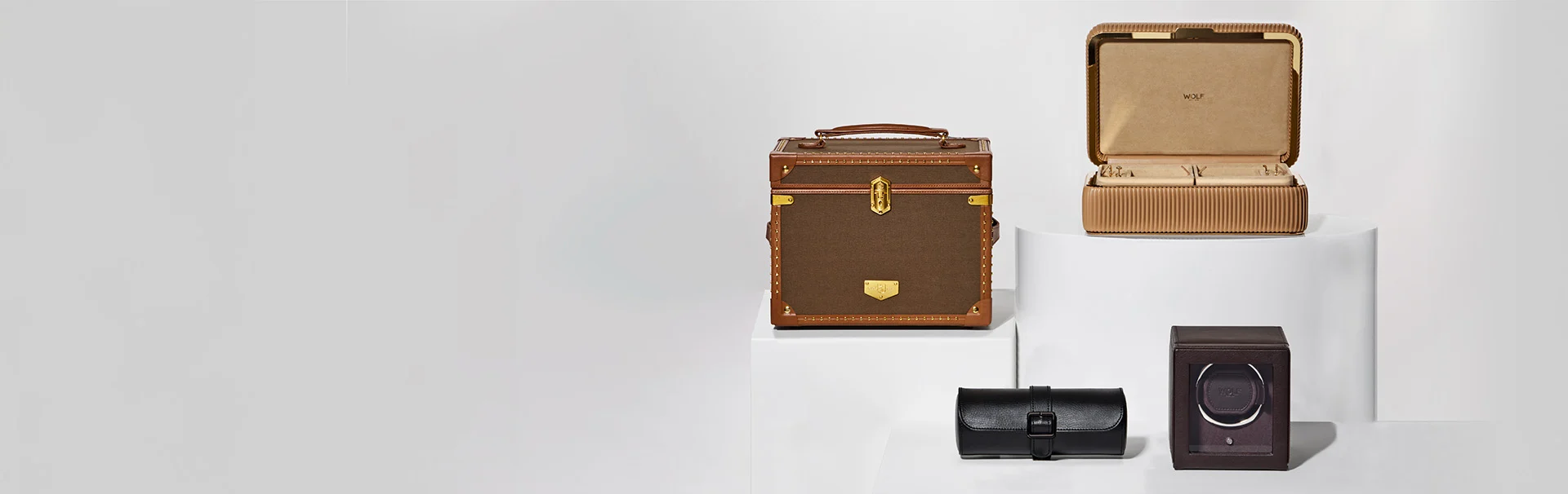 WOLF leather jewelry boxes, watch roll, and single watch winder photographed in studio