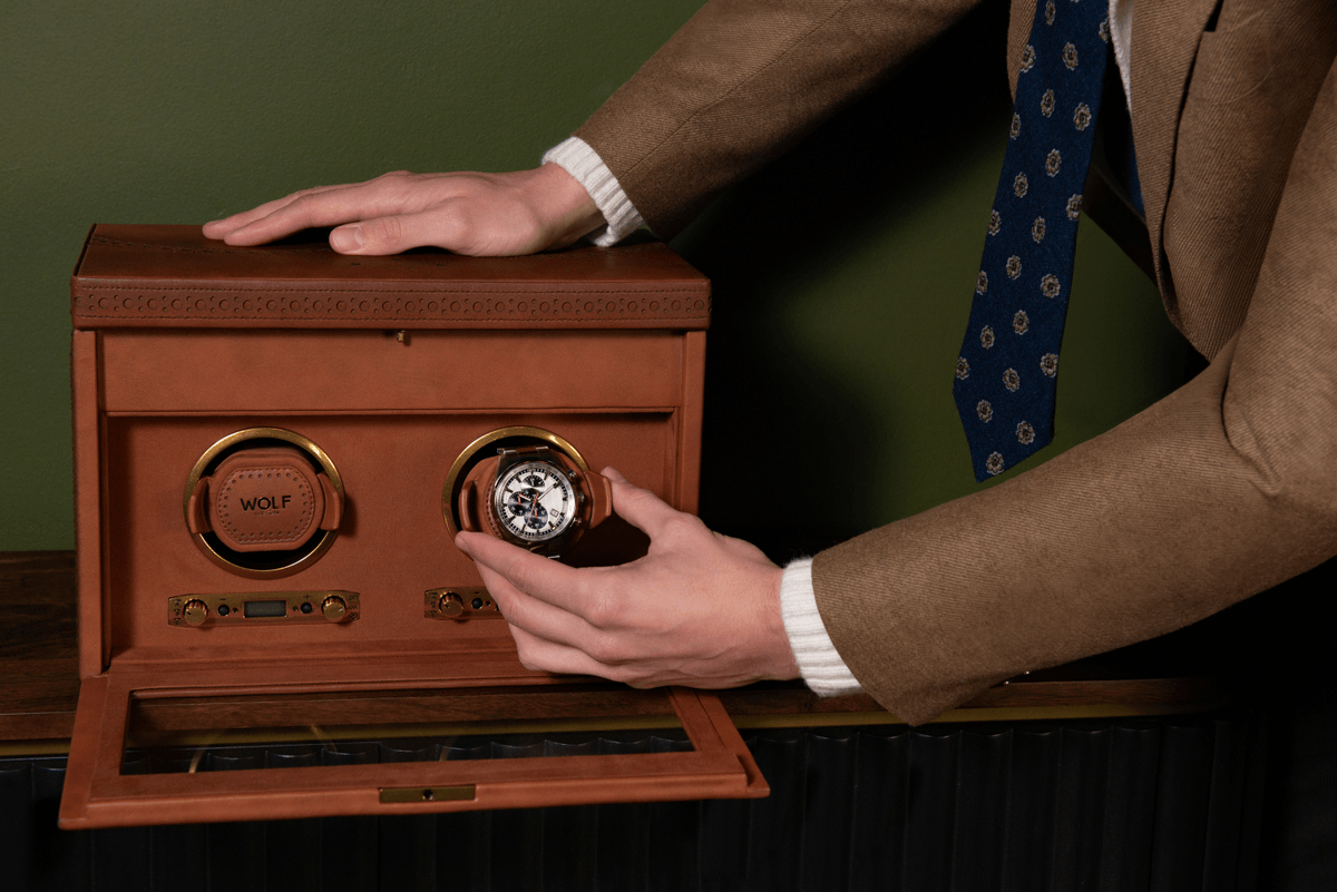 Brown WOLF double watch winder with a watch being placed inside