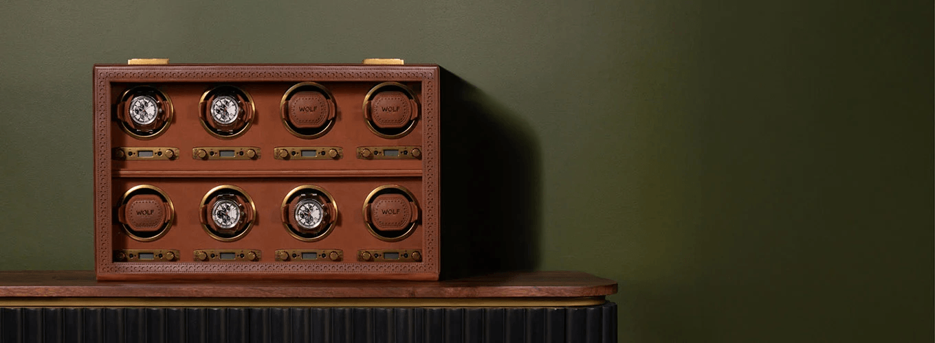 WOLF multi-watch winder cabinet displayed against a deep green wall