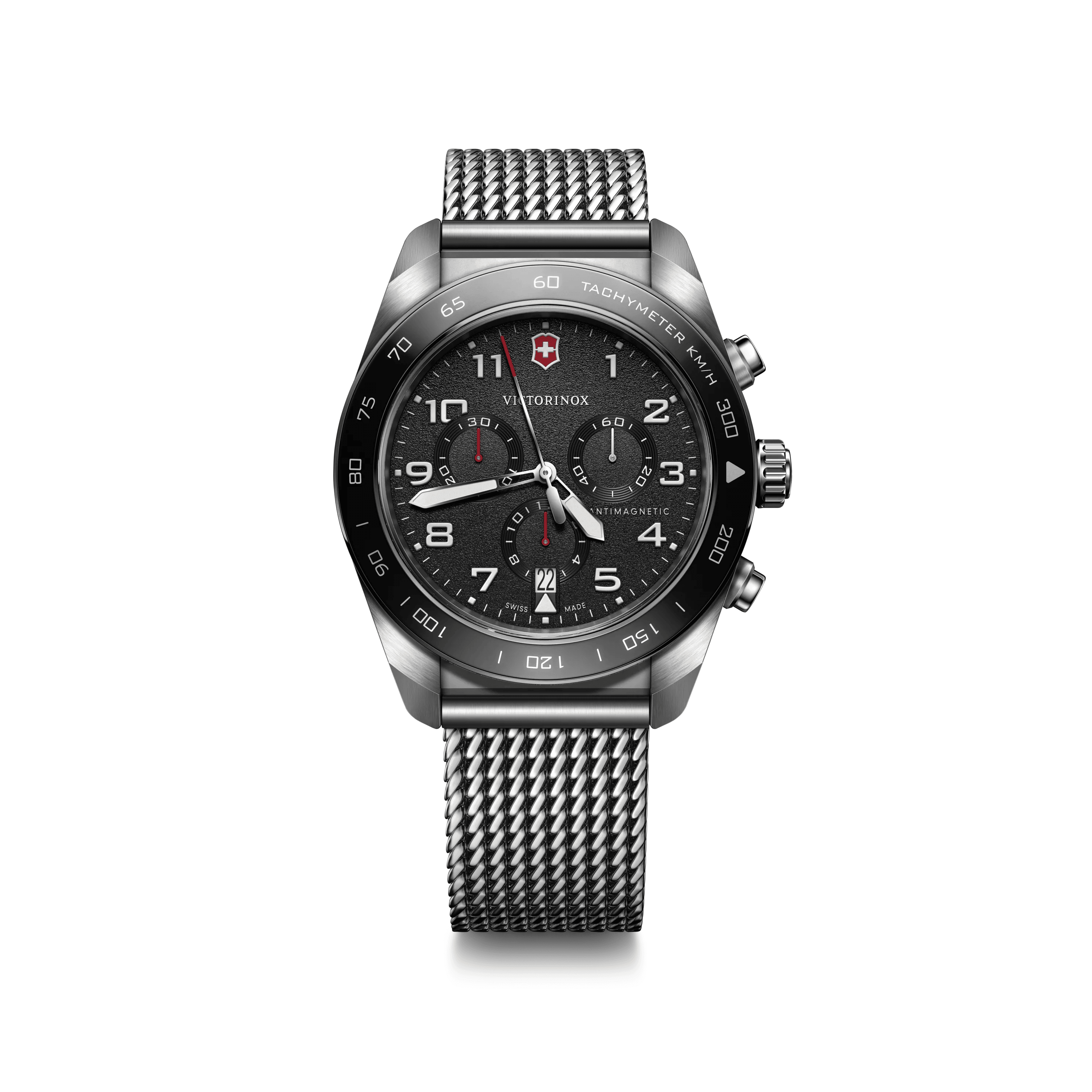 Swiss Army Chronograph 42mm — Black Dial / Silver Stainless Steel Bracelet — Victorinox style 242048