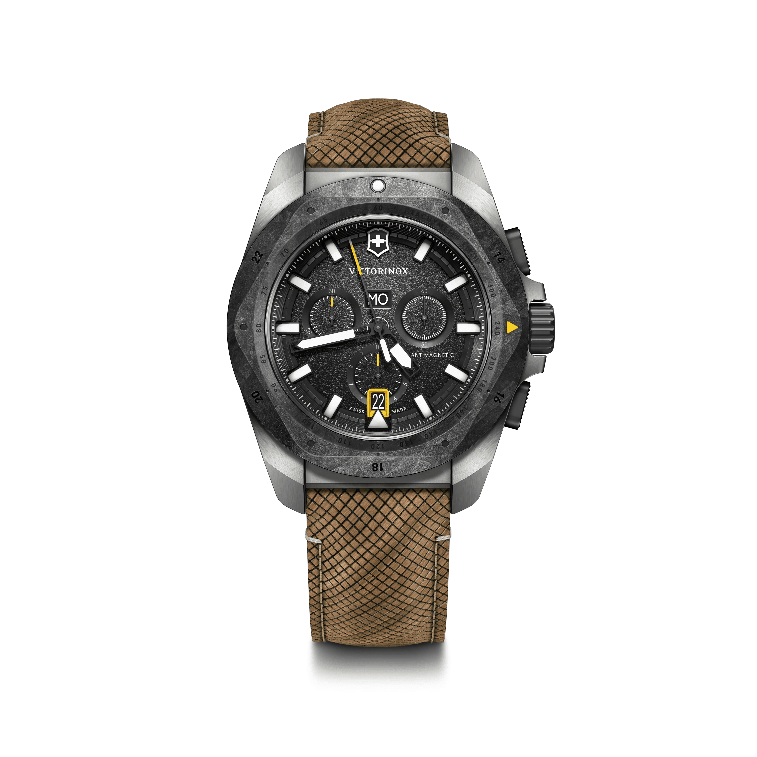 I.N.O.X. Chronograph 43mm — Black Dial / Brown Structured Strap — Victorinox style 241988.1