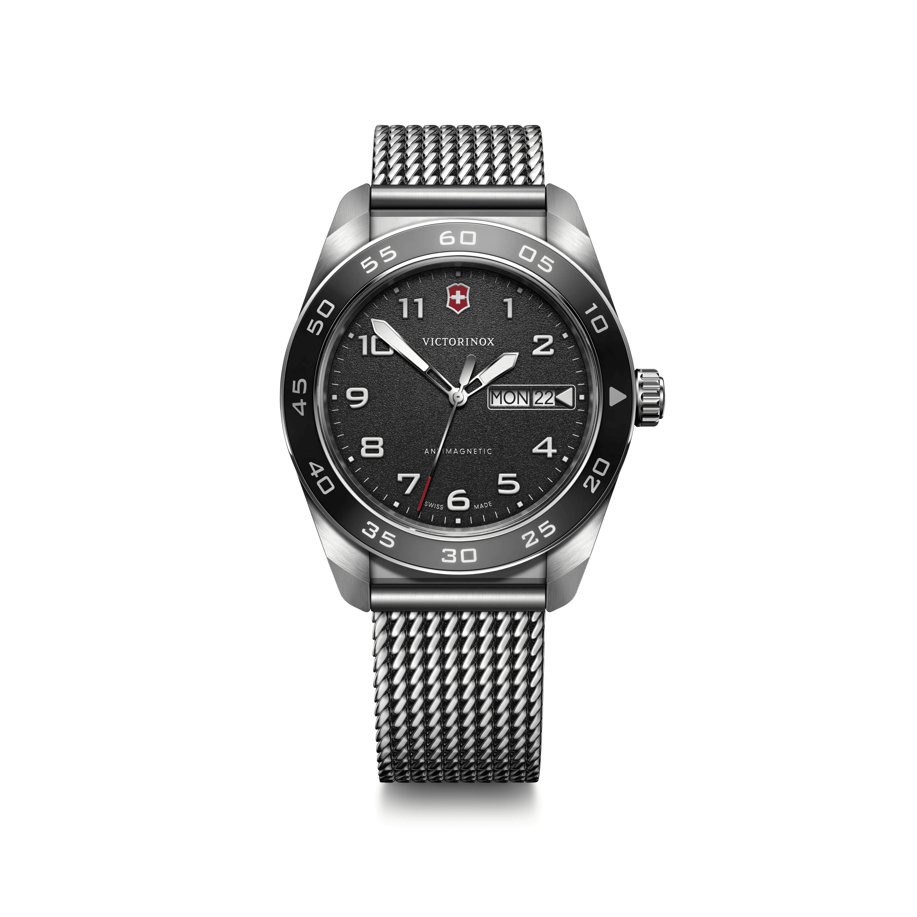 Swiss Army Quartz 42mm — Black Dial / Silver Stainless Steel Bracelet — Victorinox style 242043