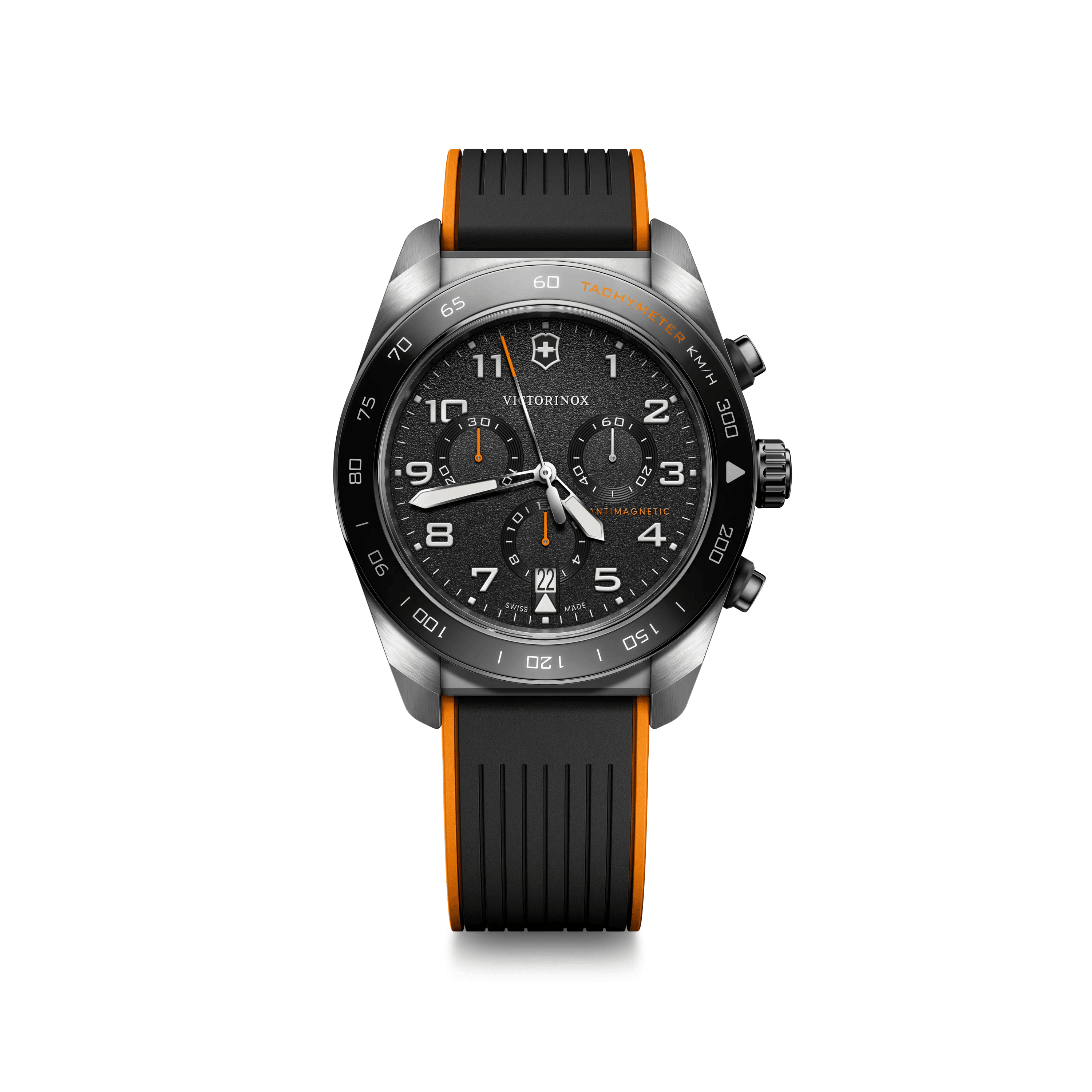 Swiss Army Chronograph 42mm — Black Dial / Black Rubber Strap — Victorinox style 242050