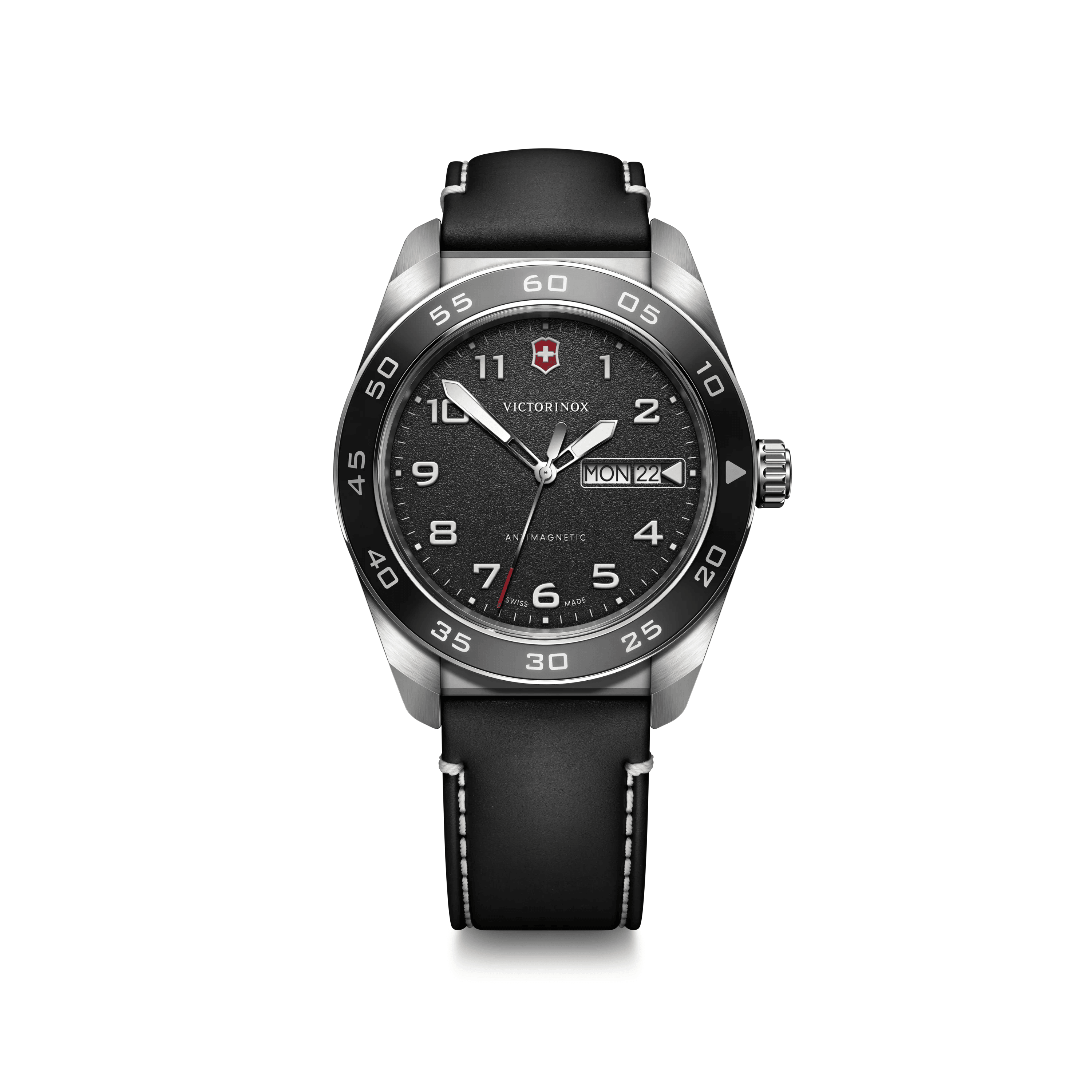 Swiss Army Quartz 42mm — Black Dial / Black Leather Strap — Victorinox style 242041