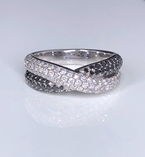Black and White Diamond Crisscross Ring 14k White Gold Finger Size 6.5